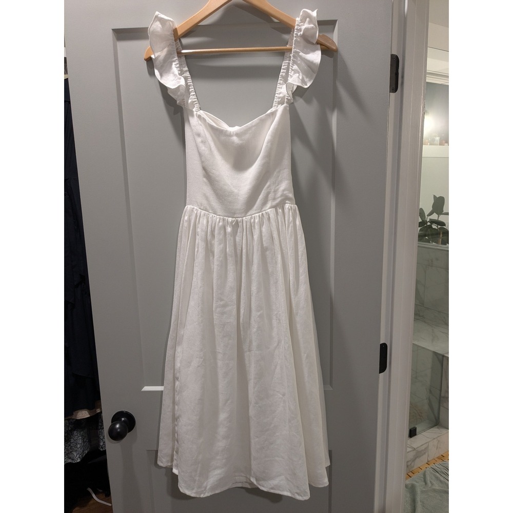 Reformation White Linen‎ Blend Ruffle Strap Bow Front Midi Dress Size 4 - Picture 2 of 12